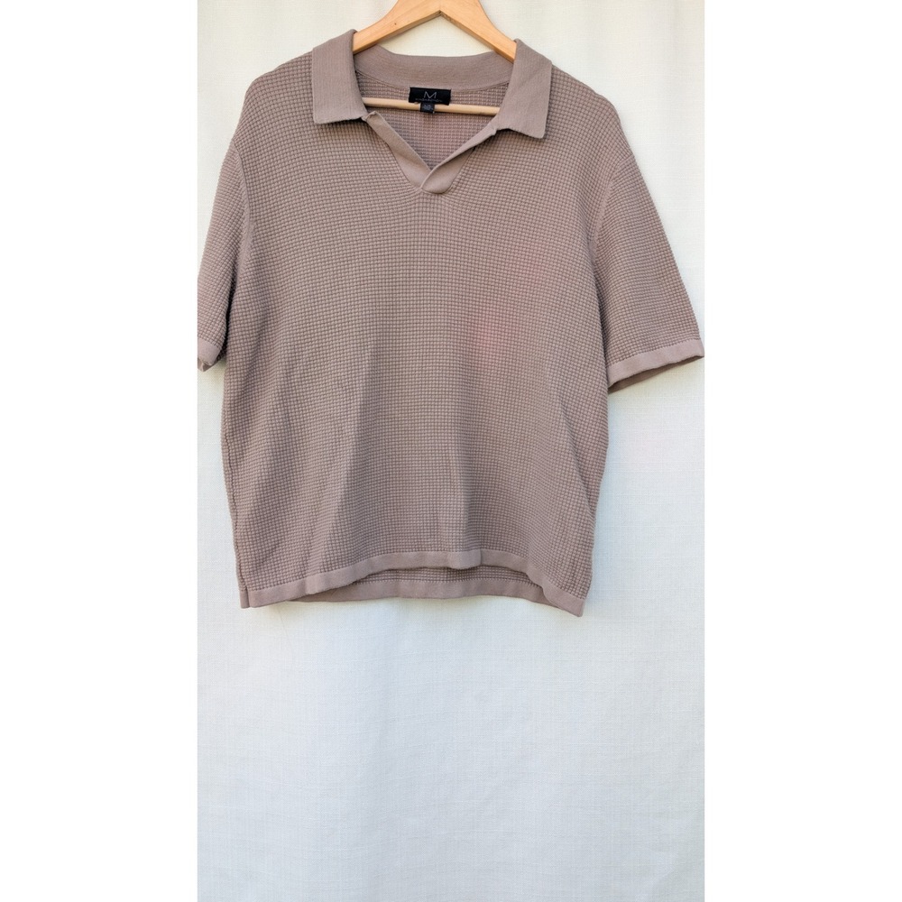 Magaschoni Waffle Knit Polo Shirt Mens L Taupe Cotton Johnny Collar Sweater